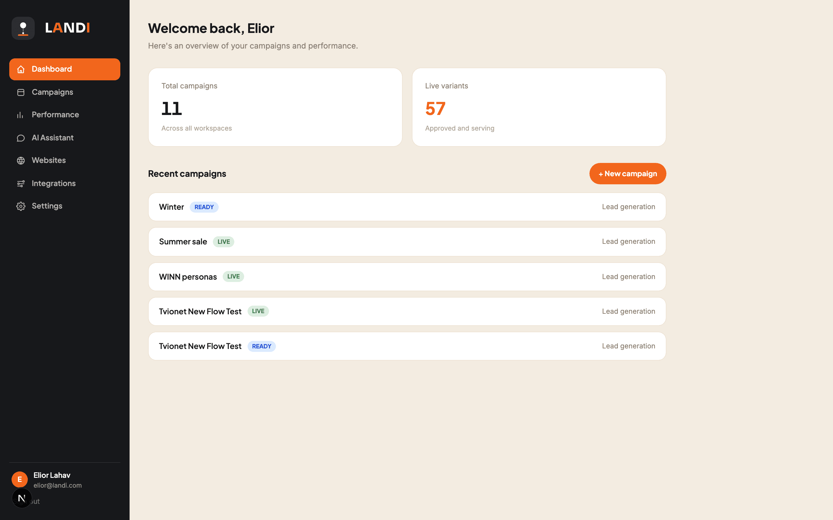 Landi dashboard showing conversion lift per campaign